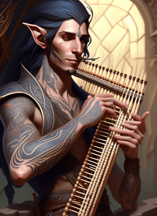 Male elven bard with tattoos playing a pan flute, ultra realistic, concept art, intricate details, eerie, highly detailed, photorealistic, octane render, 8 k, unreal engine. Art by artgerm and greg rutkowski and charlie bowater and magali villeneuve and alphonse mucha, anatomically correct, portrait, very happy