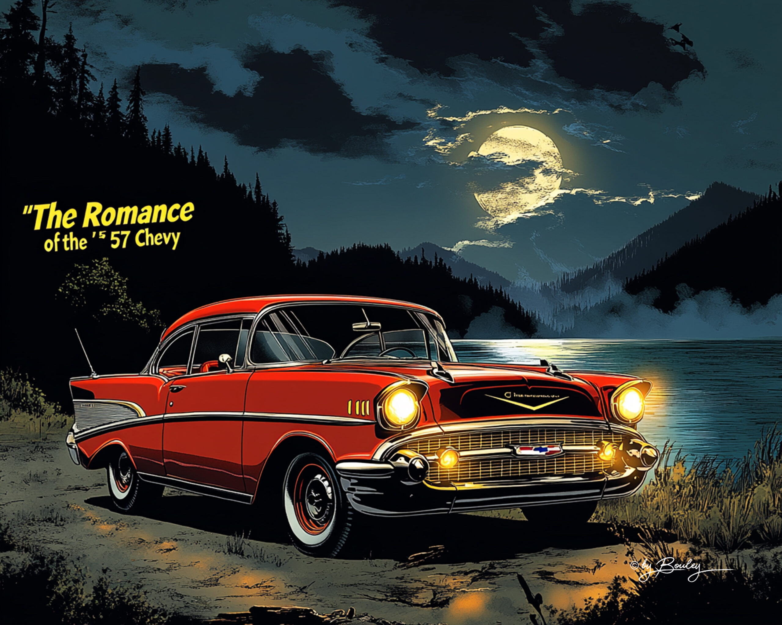 American comic book page, retro color, a red 1957 chevrolet bel air is parked by the lake, the night’s water shimmered under the moonlight, textured, patterned, fine art print, the page adds text that says "the romance of the '57 chevy" in a clear, bold and legible style. The design is drawn in the style of akira toriyama, resembling a coloring book cover --chaos 12 --ar 5:4 --stylize 185 --v 6. 1