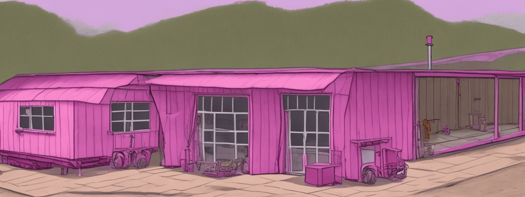 Draw a warehouse called pink depot, in front of an old model walkswagen caravan on the pink depot and write and prepare it.