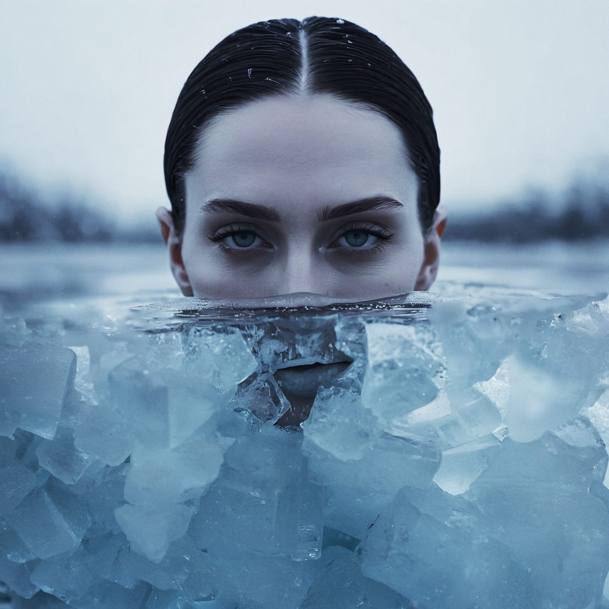 Cinematic portrait, dark theme, frost, future, snow, ice, sharp photo focus, street, symmetrical face, look at camera, detailed face, photo studio, awesome light, muted colors :: fashion photographer