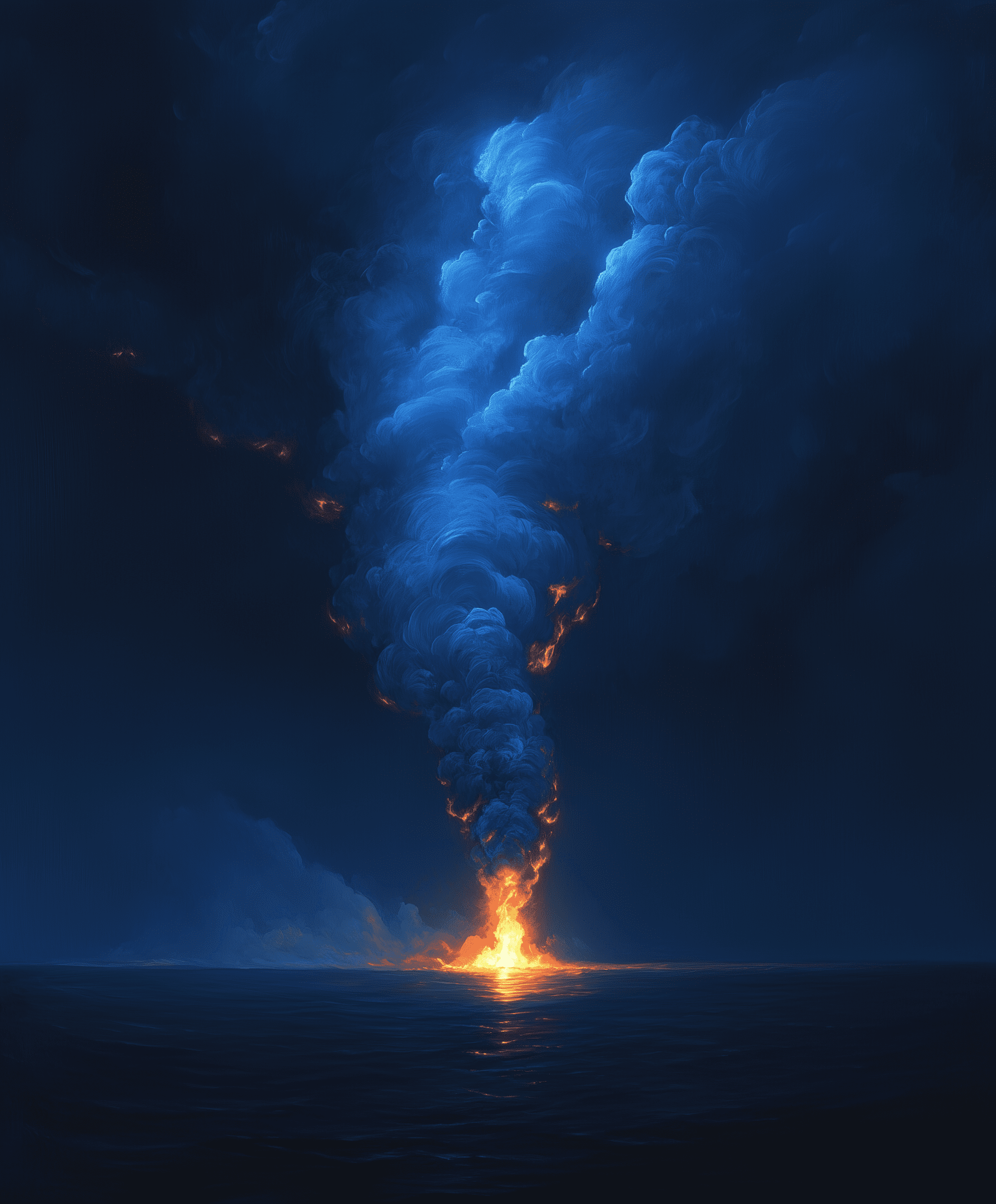 A thick column of smoke, with the top burning, glows in blue and orange against the dark sky at dusk. A small flame is visible below at sea level, in the style of alex alemany. --ar 53:64 --v 6. 1