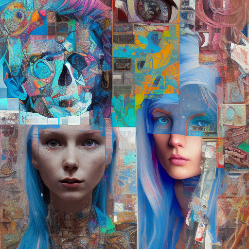 Radusha 07. 09. 1981 aniversery woman with blue hair, in the style of multi-layered collages, edgy street art, celebrity-portraits, cardboard, fragmented icons, realistic hyper-detail, crossed colors --ar 73:111 --stylize 750 --v 6