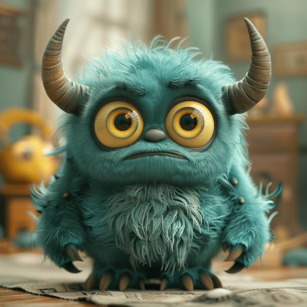 A cute monster with horns, a very large belly, and large yellow eyes, with a full body. This concept art was created in the style of pixar studio, rendered in cinema 4d, with a matte background and studio lighting. The detailed rendering of the character's face features a soft blue-green color scheme. --s 250 --v 6. 0 --style raw