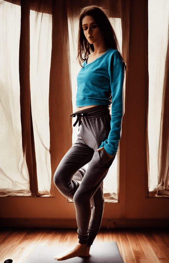 Realistic, brunette girl, medium portrait, quizzical look, messy hair, loose fitting draw string sweat pants, midriff long sleeve sweat shirt, yoga studio, large window, bright morning sunlight, wood floor