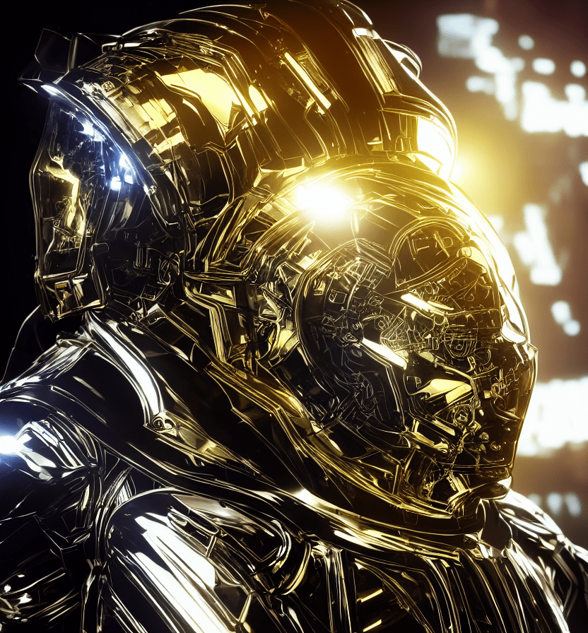 Sleek cyborg in a spaceship, with futuristic elements on gold metal armor, neon lights reflections, reflection mapping, intricate design and details, dramatic lighting, hyperrealism, photorealistic, cinematic, 8k --ar 9:16 --v 5