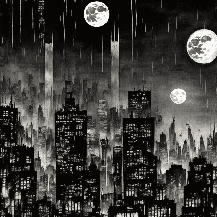 Background gotham city, tall buildings with lights on, full moon, the joker full body, the joker by tsutomu nihei, ((text reads "ha ha") ), (strange but extremely beautiful:1. 4) , (masterpiece, best quality:1. 4) , in the style of nicola samori, by dan wiz, ((text says "ha ha") )