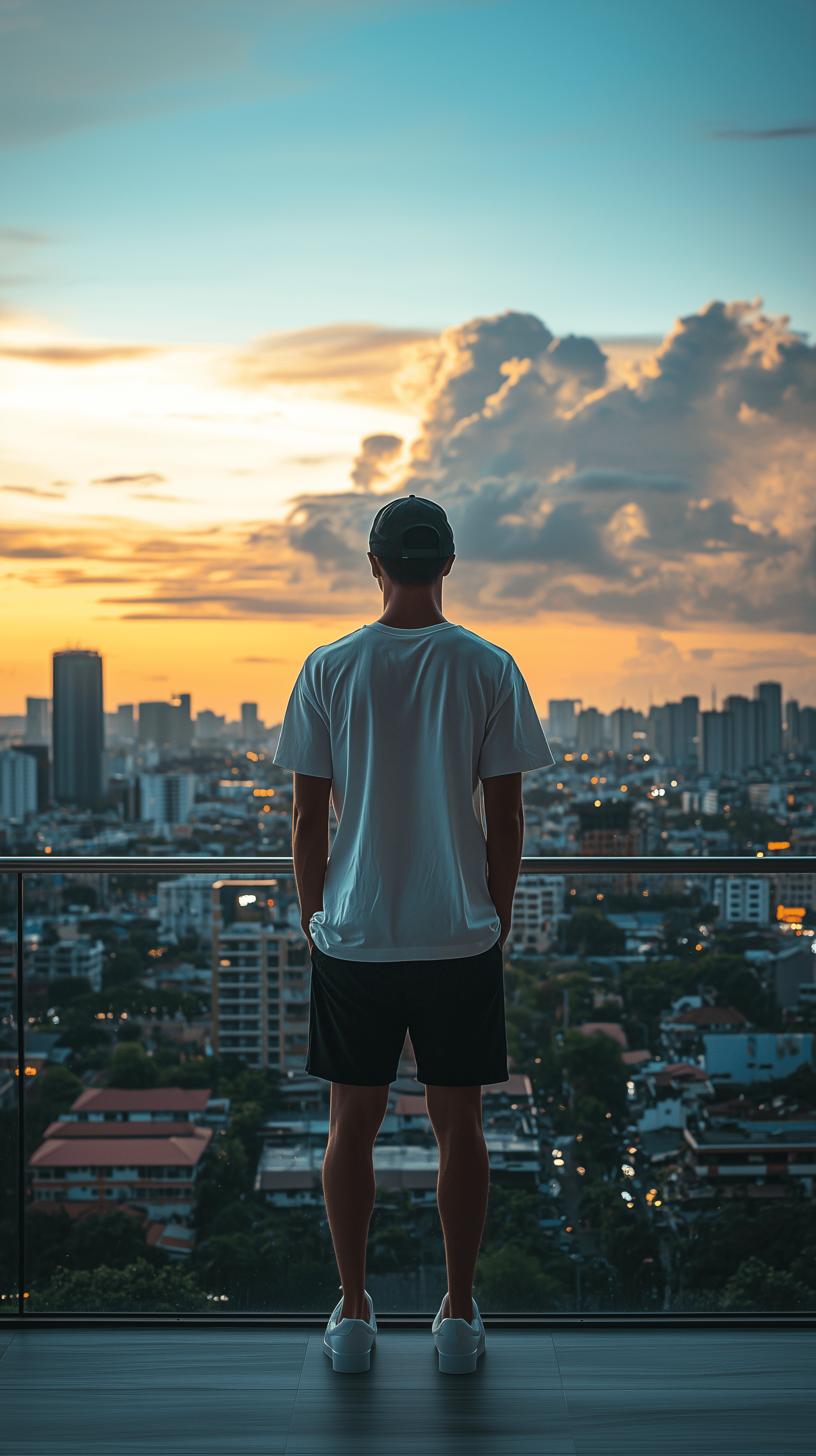 High-resolution image of a male model standing on a high-rise balcony, overlooking a sprawling urban cityscape at dawn, he is dressed in a pristine white oversized t-shirt paired with black shorts and casual white sneakers, complete with a black baseball cap worn backwards, a nikon d850, uses a 85mm f/1, 4 lens at f/2, 8, with an exposure time of 1/800 sec to sharply capture details of his attire against soft morning light, composition emphasizes vastness of city below, highlighting a sense of freedom and adventure in urban exploration, photorealistic, uhd, detailing --ar 9:16 --style raw --stylize 300 --v 6. 1