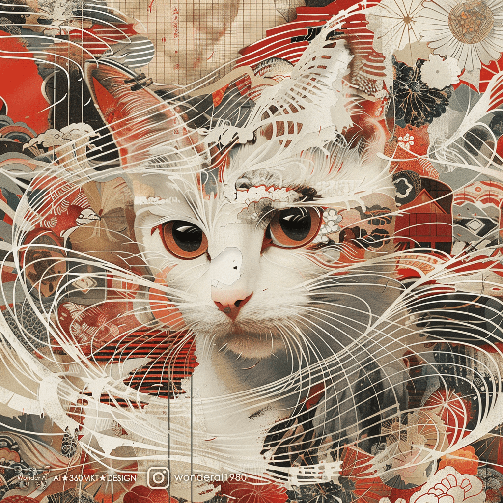 A japanese cat is portrayed in an abstract, geometric style using the colors white and red, with traditional elements surrounding her. The background is an elaborate collage of various patterns and textures, including floral motifs and digital glitch effects. Cat has large expressive eyes that give off intense vibes, while wearing hanfu attire. Cat hair flows around cat face as cat stands amidst swirling wind, adding to the dynamic atmosphere of the scene. The style is reminiscent of traditional japanese woodblock prints but with modern digital influences
