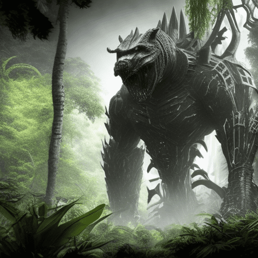 In the heart of a dense, shadowy jungle, an imposing predator hounting grounds fights for survival. Its massive, muscular body is clad in futuristic black metal armor with interconnected plates that move with biomechanical precision. The armor’s matte finish contrasts sharply with the shafts of light piercing through the dense foliage. Unmasked, its monstrous face reveals grayish, scaled skin and intense red eyes, framed by prominent bone structures that enhance its fearsome appearance. Its long, sharp claws and bulky, powerful physique are on full display as it tears through the dense vegetation with ferocity. Equipped with advanced combat tools, including plasma spears and an integrated optical camouflage system, each piece of technology is rendered with hyper-realistic 8k detail. The scene, created wit