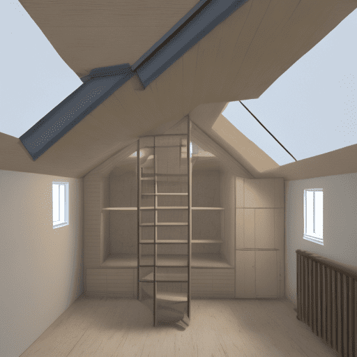 2d plan of attic space of 40m2 square with a bedroom in a corner of 10m2 and in the opposite corner the same. A bathroom with toilet of 6m2. In the last corner a spiral staircase exit which takes up half the space