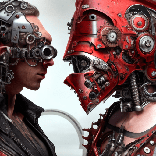 Hyper realistic steampunk cyborg looking the head off an cyborg, red liquid paint, μικρα σωληνακια, giant futuristic steel blade like sword, end of the world, victory, 8k, ultra detailed, vibrant dark colors, photo realistic, no horns