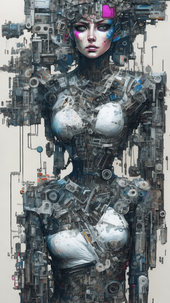 Full body view of a woman's white face with flat white skin, intricate cyberpunk art inspired by sandra chevrier and featured on artstation, vibrant street art, a mechanical girl composed of many bits of metal, influenced by peter gric and dan mumford, watercolor detailed art, fusion of woman and robot, trash polka style, whose mind is pure machinery, fragmented features, extreme melt art, neuron robot art --ar 9:16 --no text