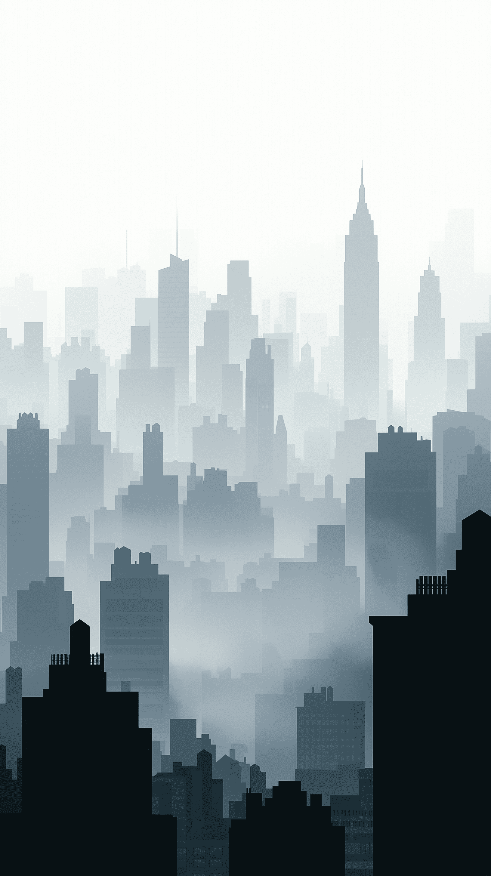 Illustration, atmospheric image of a cityscape enveloped in fog, the city varied architecture, including skyscrapers and traditional buildings fading into a misty background, the palette monochromatic with shades of gray, creating a mysterious and subdued urban environment, highlight the silhouettes of the taller buildings while softer, less defined shapes suggest the city's depth and complexity --ar 9:16 --v 6. 1