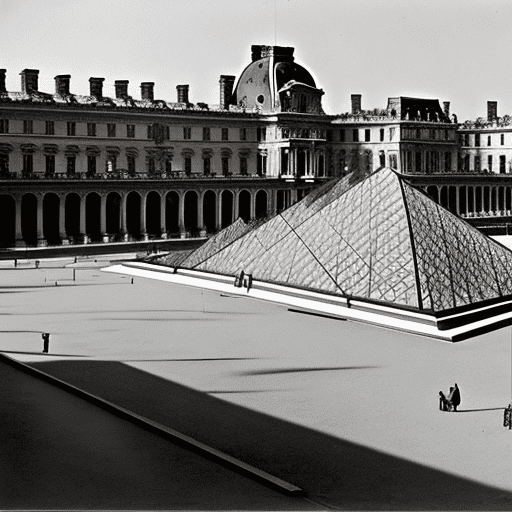 The louvre seen from the outside at the beginning of the 20th century. Paris is in black and white and the sun is white