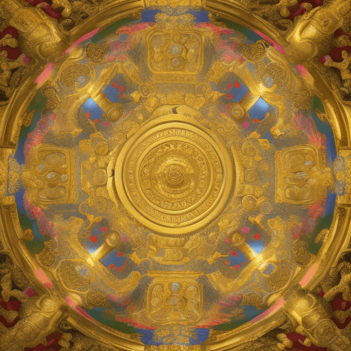 Baroque illusionistic ceiling painting “the chinoiserie temple gods are feasting on lychee” global illumination, clouds, pagodas, gold, pink, celadon; golden ratio, rule of thirds --ar 21:9 --stylize 4000