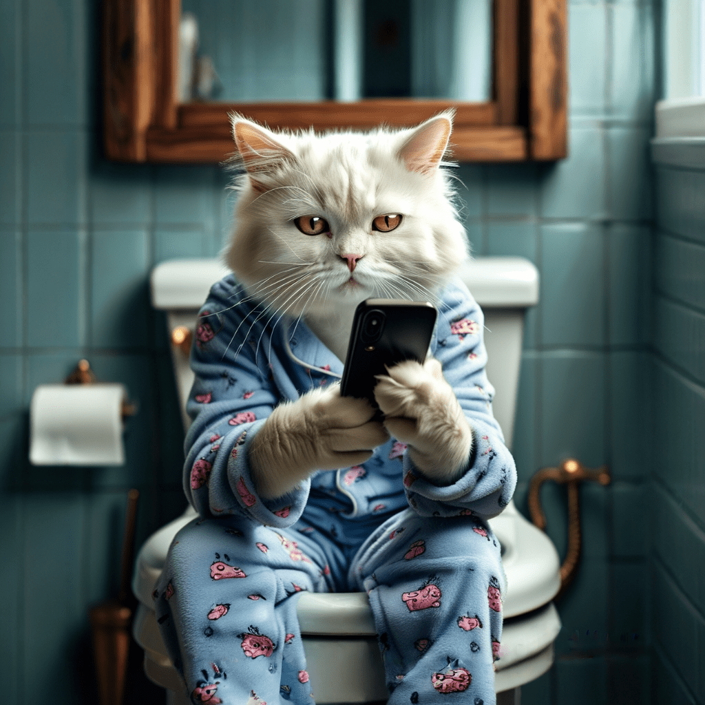 Strong dramatization, anthropomorphic real white cat wearing light blue pajamas with pattern, sitting on the toilet, concentrating on the cell phone in his hand in the bathroom, vivid expression, grey and light blue tones, uhd, hyper details