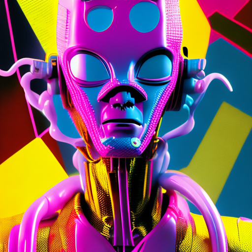 A portrait photograph of an alien with a plastic mask, in the style of pink yellow and blue, sin city, robot motiffs, wrapped, poolcore, weirdcore, 1980's, jill greenberg + peter hurley, by guillermo del toro --ar 4:5 --style raw --personalize tt3h1xk --v 6