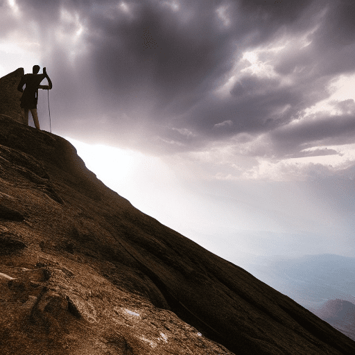 A person climbing a steep mountain under a dramatic sky, with rays of sunlight breaking through the dark clouds, illuminating their path. The image conveys a sense of overcoming and resilience, with the person standing out as a determined and strong figure. In the background, the mountain symbolises challenges and the sky represents unlimited potential, while the light symbolises clarity and personal growth