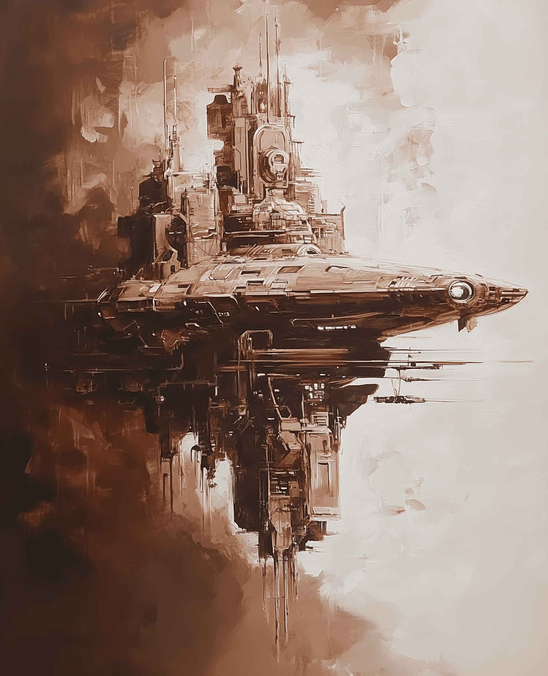 A brown painting of the terran command center from starcraft, floating in water, in the style of john berkey. --v 6. 1 --ar 25:31