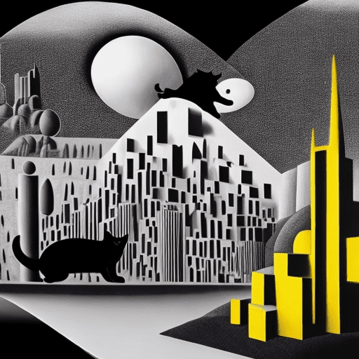 3d surreal landscape, black and white and primary colours inspired by rene magritte, a realistic oversized black cat is wondering the magical cityscape, immersive-inspired dreamland, in and outside landscape, surrealism, art of salvador dali