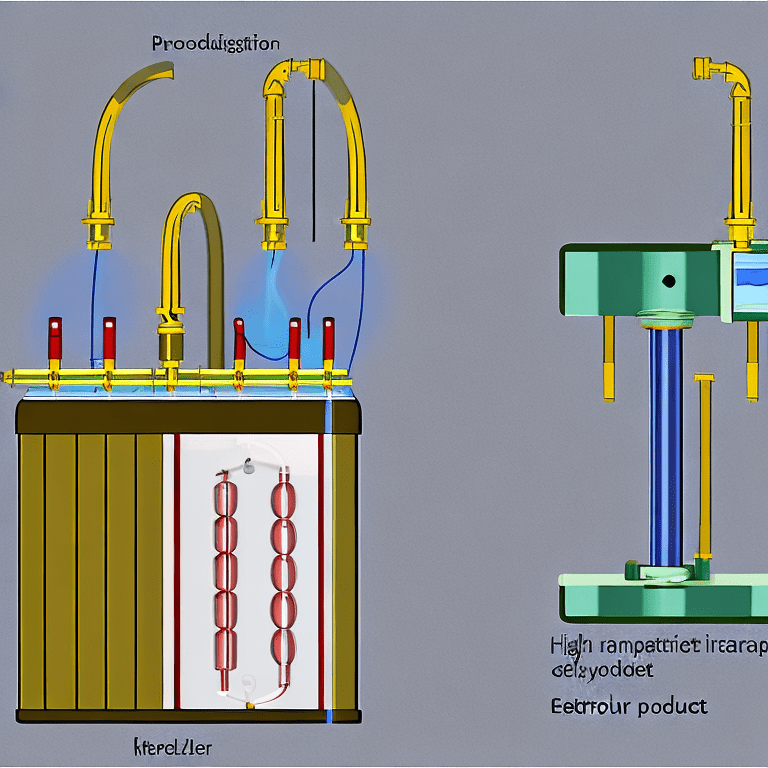 Create a high-quality, educational illustration of an electrolyzer used for hydrogen production, showing a full view of the device and then zooming in on the gas diffusion layer (gdl) within the electrolyzer's structure. The main image should provide a clear overview of the electrolyzer’s components, including the anode, cathode, membrane, and gas diffusion layers. Use a zoomed-in section to focus specifically on the gdl, illustrating its role in facilitating the flow of gases like hydrogen and oxygen during the electrolysis process. Highlight the porous carbon structure of the gdl and show how it allows for the diffusion of gases to and from the reaction site, while also enabling electron flow. Include visual cues or arrows to show the movement of gases (oxygen and hydrogen) , ions, and electrons, and how these lead to the production of hydrogen. Use color coding to clearly differentiate between the various processes and layers, and add labels to explain the key functions of each component, with a specific emphasis on the gdl’s role in optimizing the reaction efficiency. "