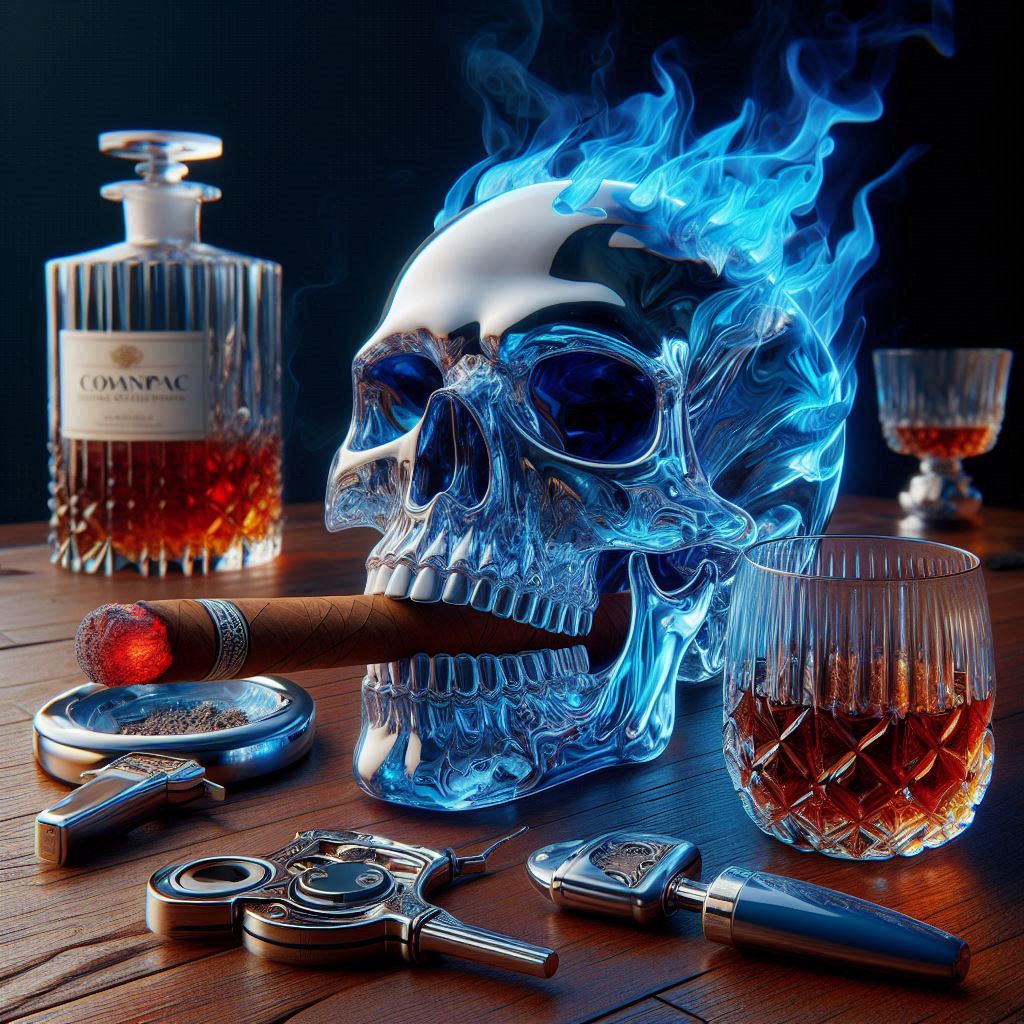 Ultra realistic, 35mm, image of a large 3d, blue clear crystal skull, with blue flames on top the skull, resting on a beautiful wooden table, in the mouth of the skull add a detailed cigar, with vibrant red ash at the end, on the table next to the skull is a blue and white detailed ashtray, chrome cigar lighter, cigar cutter, cognac snifter, epic background, 16k uhd highlight the details