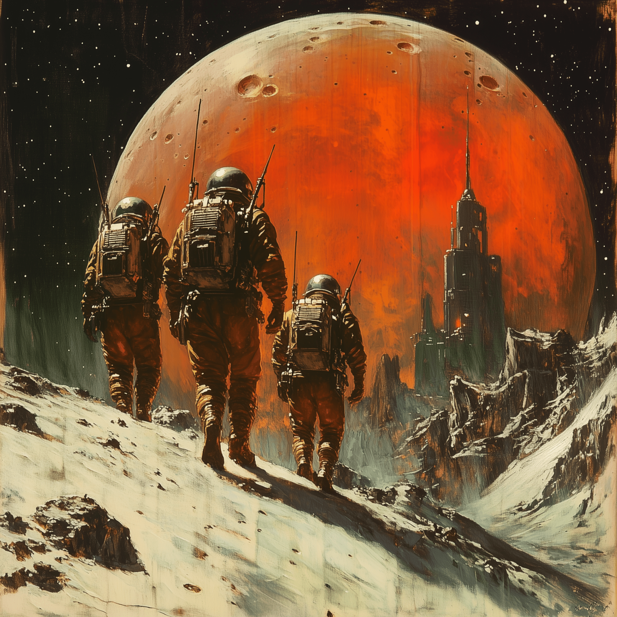The people of the moon, space suits and helmets, go to work on an alien planet in style retro scifi fantasy art by frank frazetta --v 6. 1