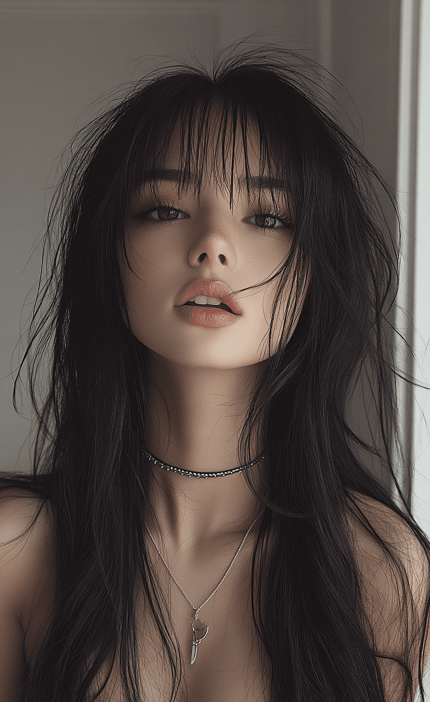A photo of an asian girl with long black hair, bangs, and twin tails, wearing a choker necklace, in a cozy white room, posted on snapchat, posing while touching her lips to the camera --ar 69:112 --stylize 750 --v 6. 1