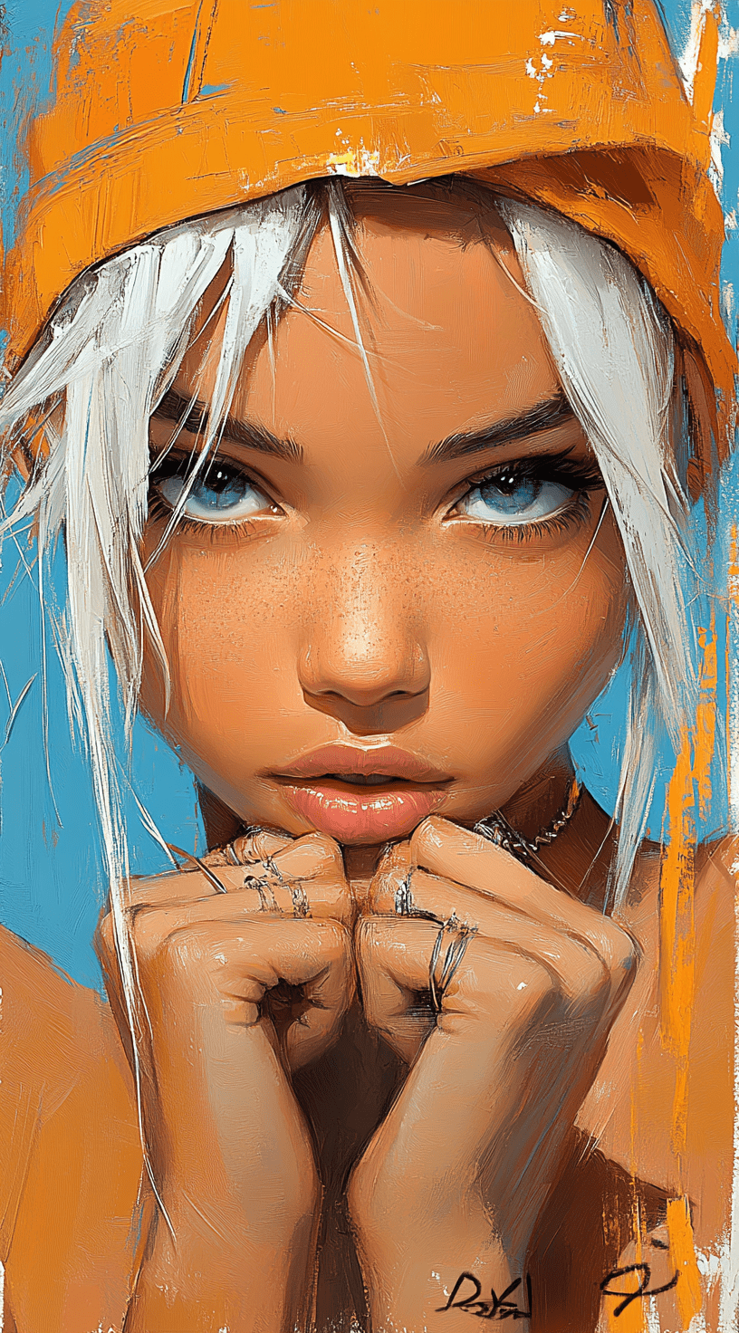 An image of a girl with white hair, in the style of ross tran, light teal and dark orange, guido van helten, close-up shots, comic art, realistic marine paintings, animated gifs --ar 71:128 --personalize 2gwf1qc --stylize 750 --v 6. 1