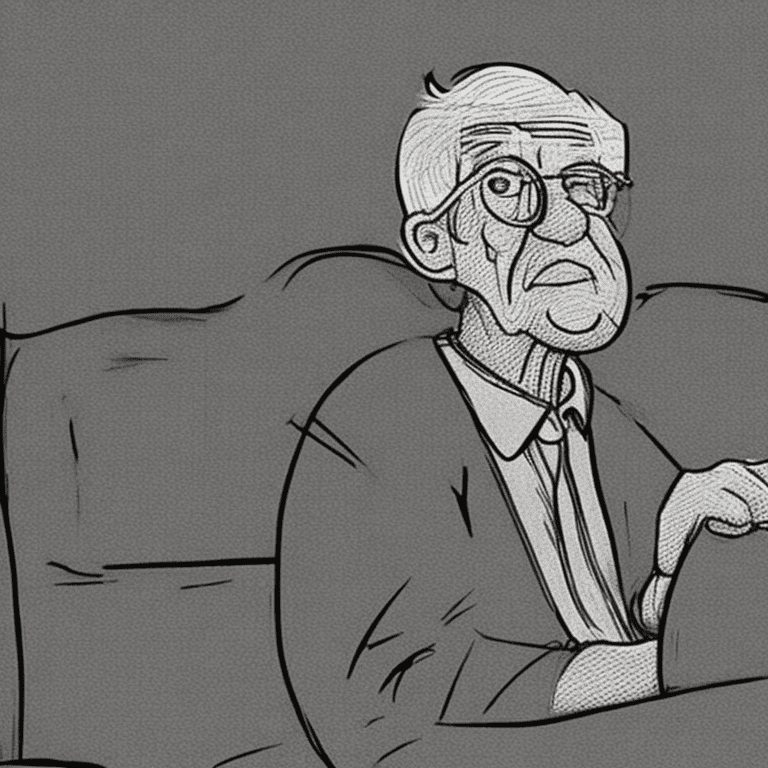 Medium shot of an old man sitting at the edge of a bed. Sketch, cartoon style.