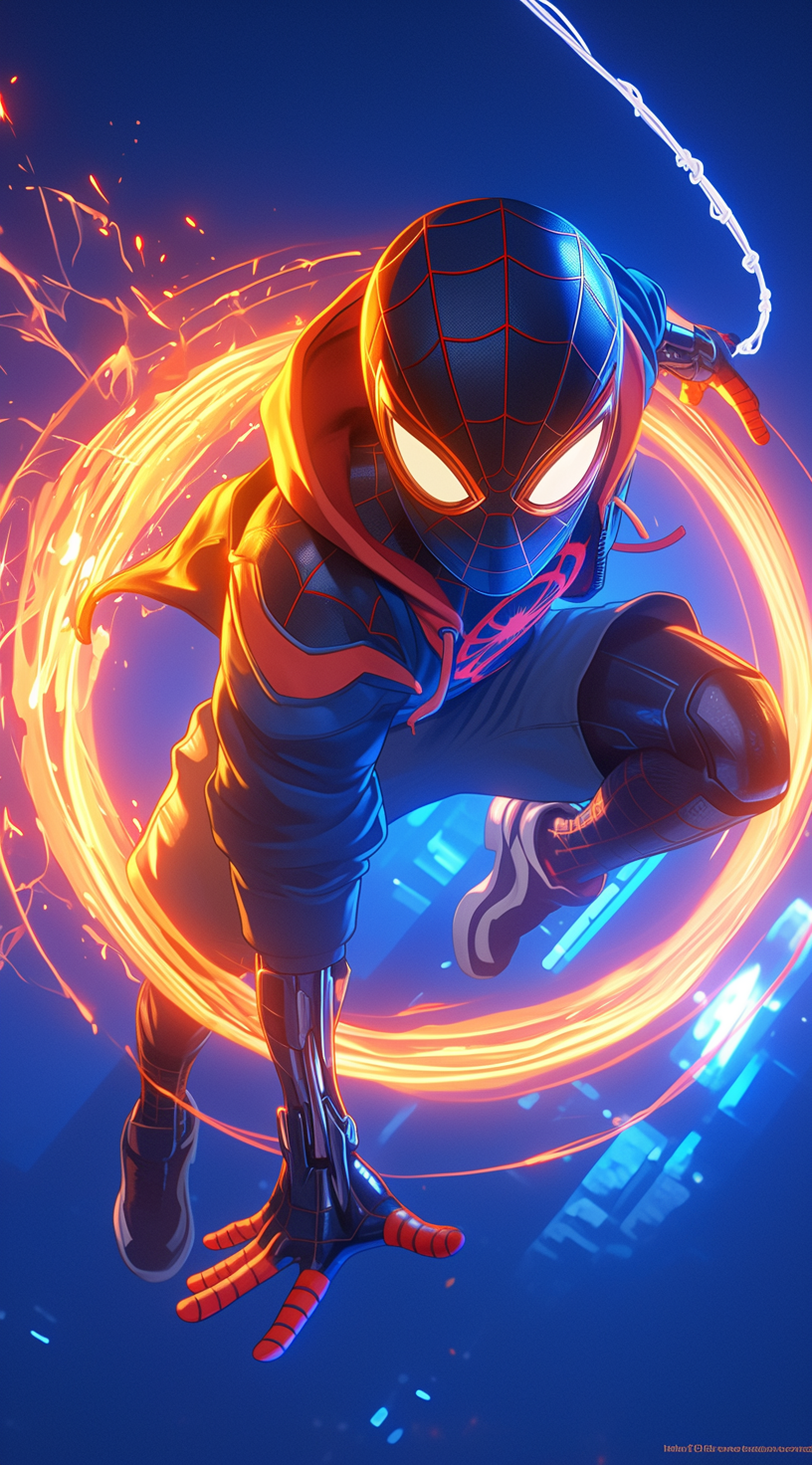 Spider-man in the style of tron, with neon lights and a hyper-realistic, unreal engine-powered aesthetic --ar 71:128 --stylize 750 --niji 6