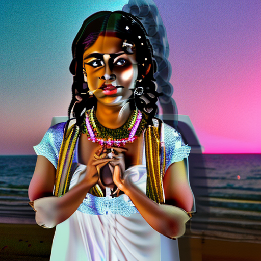 A indian girl fare skin looking beautiful in white one piece, enjoying party in beach in her right hand mojito, looking towards in camera, dusky time, in the sky there is dark blue and pink purple appearing. She is look like a model and her eyes are green colour. Make a hyper realistic image look like click by sony a7s3 camera , create realistic skin texture, she looking super attractive her ages is 25. Cinematic, hyper realism, high detail, octane render, 8k