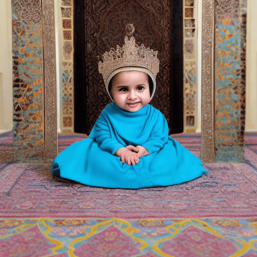 She is a cute 1-year-old muslim baby girl wearing a hijab and a matching princess dress, adorned with a delicate crown and minimalist jewelry. She is seated on a beautiful prayer mat (janamaz) in an ornate islamic palace. The palace features intricate geometric patterns and soft lighting that highlights the serene atmosphere. The baby has a joyful expression, surrounded by an ambiance of peace and spirituality