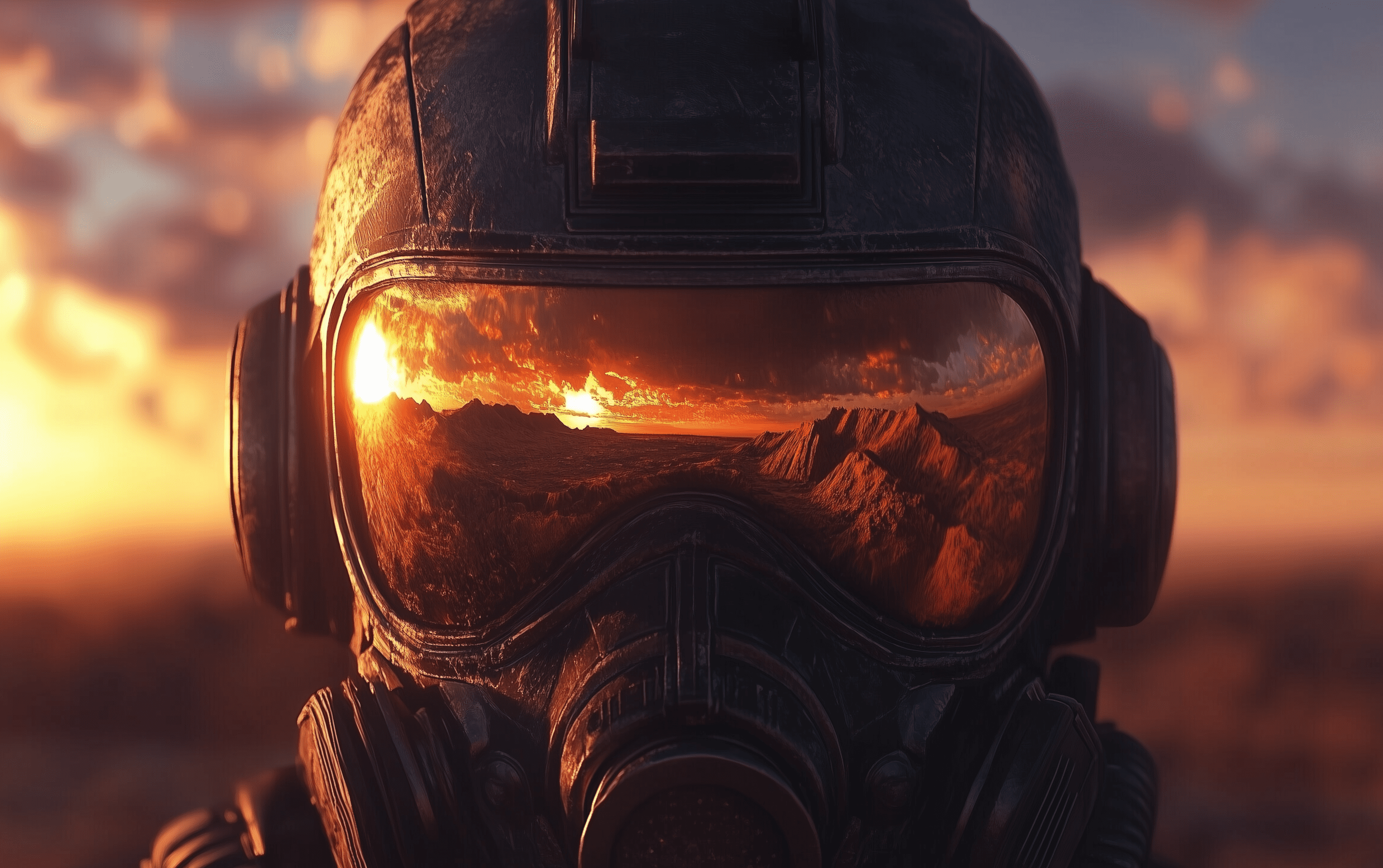 80s sci-fi art style, space marine in a gas mask with the reflection of a desert landscape on the visor, in the style of greg rutkowski and thomas kinkade, vivid colors, high resolution, highly detailed, sharp focus, cinematic lighting, sunset background. --ar 8:5 --v 6. 1 -