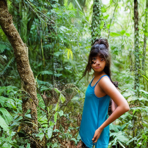 A 17 year old indian girl is posing in a natural trail in a jungle , she is wearing a loose green tank top tucked in her jeans , her brown hair is tied in such a way that only 2 loose strands are falling on the either side of her face , shot with 85mm lens for ultra realistic image perspective, ultra bokeh mode , pretty cute girl , laughing shyly , blushing , sweaty
