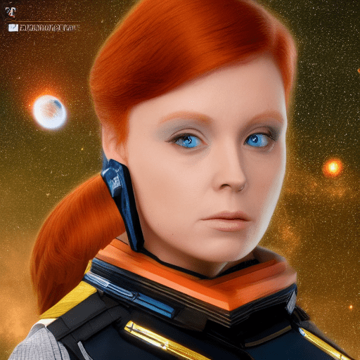 Sci-fi female, ginger hair, 8k, profesional image, super modle, space station, officer uniform like star trek, hyper real, ultra realistic, 2. 5d, contrast, vivid, volumetric, sci-fi accessories, detailed background, detailed face, detailed eyes