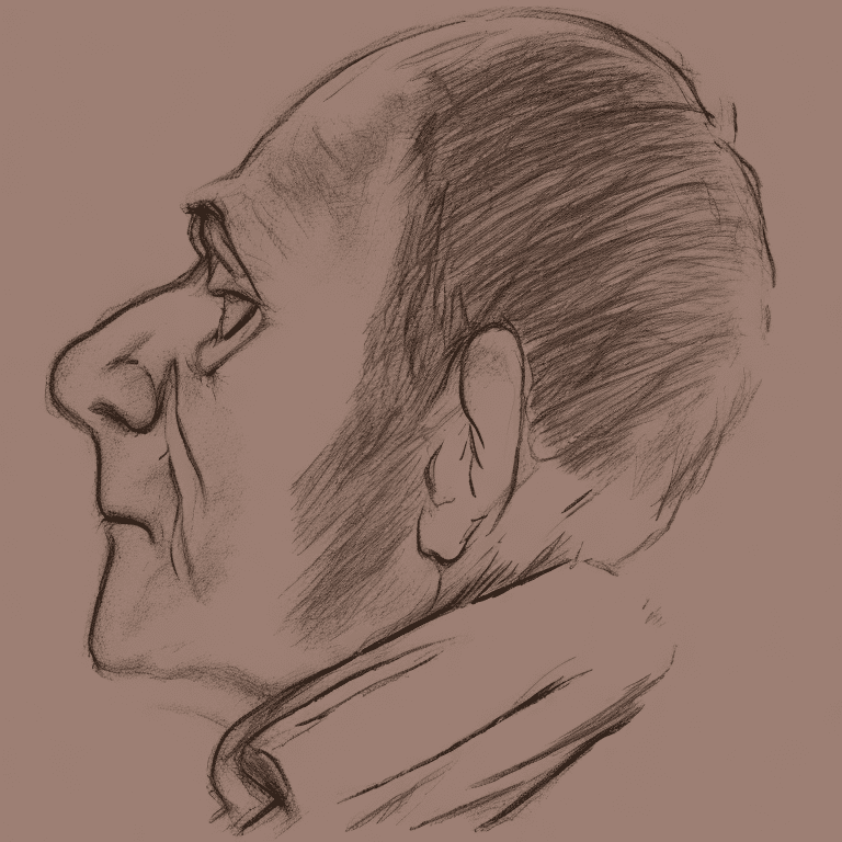 Illustration of the profile an old man sitting at the edge of a bed. Sketch, cartoon style.