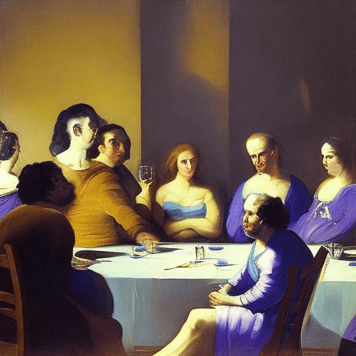 A lonely person in the middle of a party, old oil painting in the style of francisco de goya, blue and purple colors, darkness.