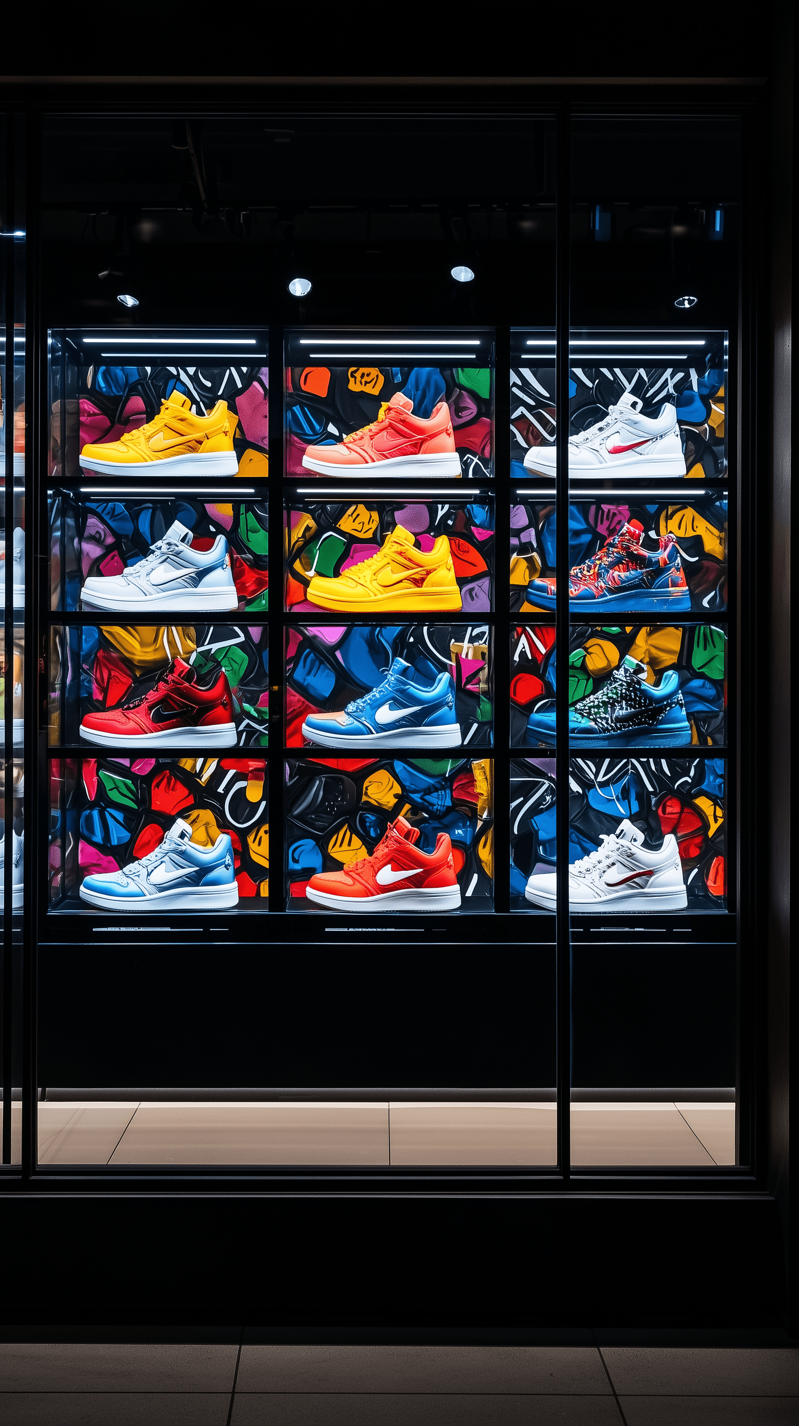 Photography, front view, facade show window, glass behind nike limited edition sneakers suspended by invisible threads, vibrant colors popping, urban interior with graffiti-inspired wall art creating contrast, neon accent lighting complementing the design, glass reflective effect, hdri, expert quality texture, realistic, 8k, detailing --ar 9:16 --quality 2 --style raw --personalize 3q55mu4 --v 6. 1