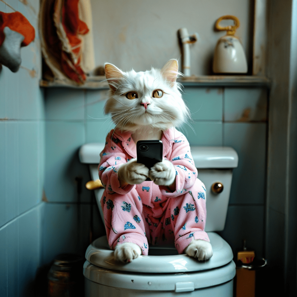 Strong dramatization, anthropomorphic real white cat wearing light pink pajamas with pattern, sitting on the toilet, concentrating on the cell phone in his hand in the bathroom, vivid expression, grey and light blue tones, uhd, hyper details