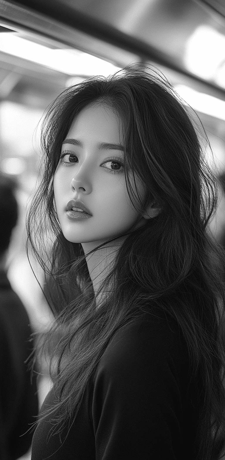 A black and white photograph of an asian woman with long hair, walking through a crowded subway station, looking sideways at the camera with a motion blur effect, fashion photography style, fashionable, high contrast, soft lighting, cool tones, and a blurry background, woman is centered on one side of the frame, with blurred figures behind her --ar 63:128 --stylize 750 --v 6. 1