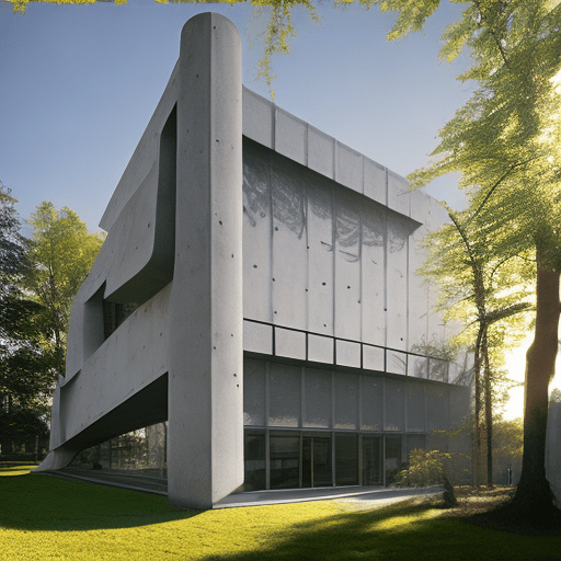 Museum, modernism architecture, concrete, forest, direct sunlight on facade, photorealism --ar 16:9