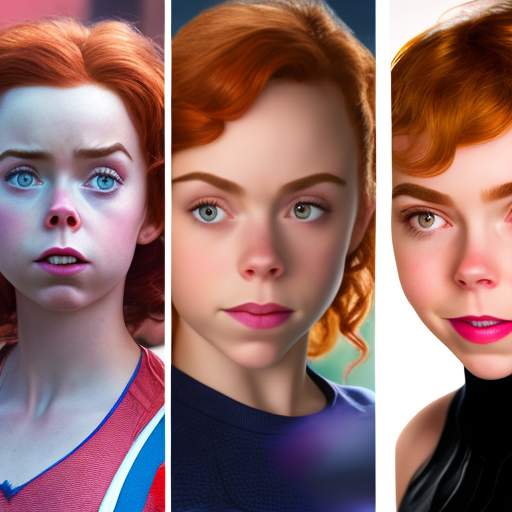Shown in a bright color photo, realistic, very close up face, three female spider-man family, on the left is sophia lillis as mary jane watson, on the middle is sydney sweeney as felicia hardy/black cat, on the right is kiernan shipka as gwen stacy. 200mm raw portrait photo, dynamic pose, anatomically correct torso, (slender body) , multi-textured suit, (bogus new york city street) , julen urrutia, todd mcfarlane, (rob liefeld) , glibatree style