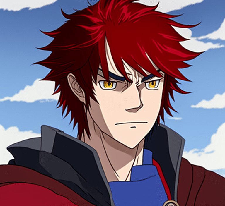 Stark is a young male mage and apprentice, stark in studio ghibli, he has dyed red hair and the roots are black that he wears down with bangs and two strands framing his face, stark has blue eyes, facial features typical of the southern lands, he wears a stoic expression strong emotions, background countryside, stark is wearing a red jacket open, black undershirt collared shirt with white fastenings, baggy black pants, black boots, a white sash around his waist, and bandages wrapped around his arms