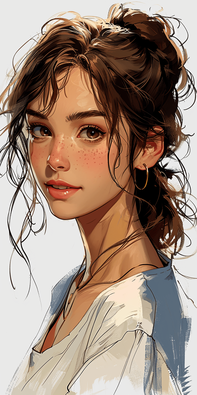 A simple cartoon of a beautiful woman with brown hair, white background, princesscore, i can't believe how beautiful this is --ar 1:2 --stylize 750 --v 6