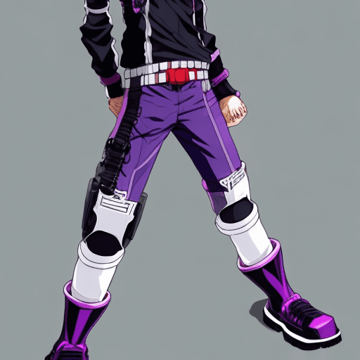 Kohei horikoshi, purple hair boy slight longish hair legit hair, my hero academia, right fake leg robotic prosthetic, handsome, anime, wearing black tight leather outfit with no sleeves, tight short pants, white belt, black glove, good quality, my hero academia