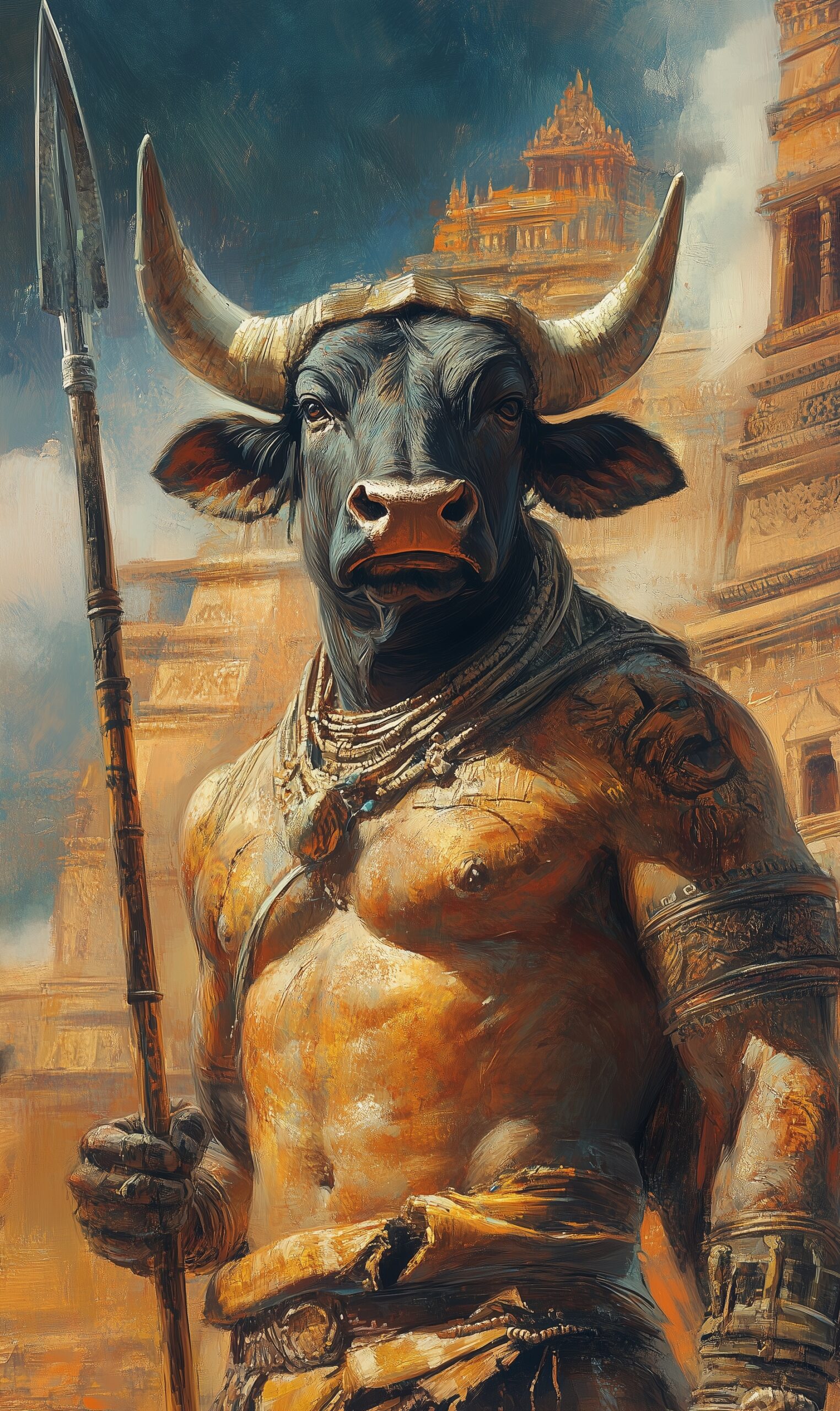 A close-up of an anthropomorphic minotaur with horns, wearing purple and black and holding a spear. In the background, there is a golden temple surrounded by orange desert dunes, painted in the style of fantasy art by frank frazetta. --ar 19:32 --v 6. 1
