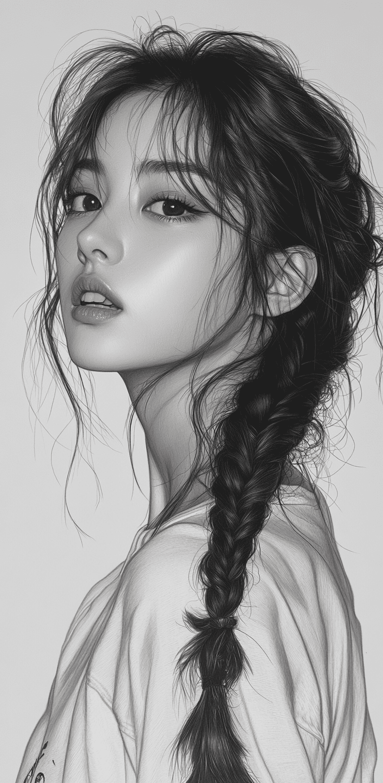A pencil sketch of an asian woman with her hair in two braids, dressed as a korean girl idol, wearing a white shirt and black sweatpants, looking sideways at the camera, her head slightly tilted to one side, intricate details on her face, creating a realistic portrayal, sharp lines and shading for depth, focus stacking, white background --ar 63:128 --stylize 750 --v 6. 1