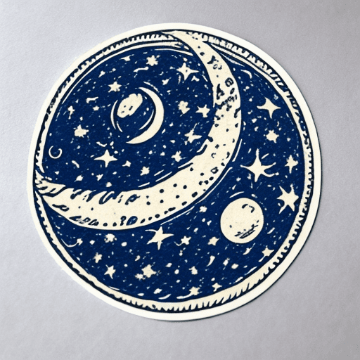 A vintage moon and stars sticker, hand drawn in an old school style, with deep blue ink on white paper. The design includes the face of a man within the crescent moon. This artwork is created using etching techniques for intricate details and features a circular shape with rounded edges. It has been designed to fit well into the band's logo, adding depth and character in the style of boho. --ar 47:46