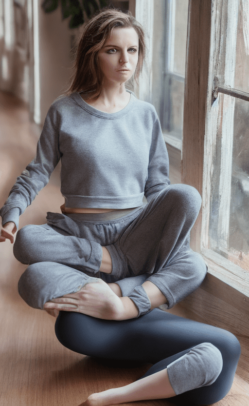 Brunette girl, medium portrait, quizzical look, messy hair, loose fitting draw string sweat pants, midriff long sleeve sweat shirt, yoga studio, large window, bright morning sunlight, wood floor